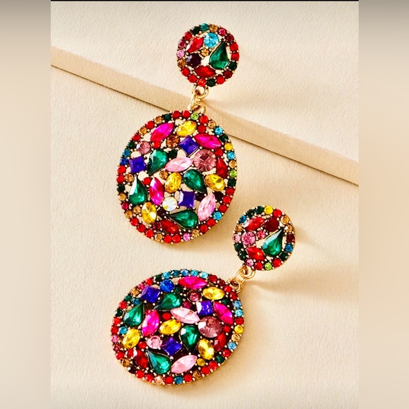 Imoli Random Colorful Rhinestone Oval Drop Earrings – Statement Earrings - Picture 2 of 2
